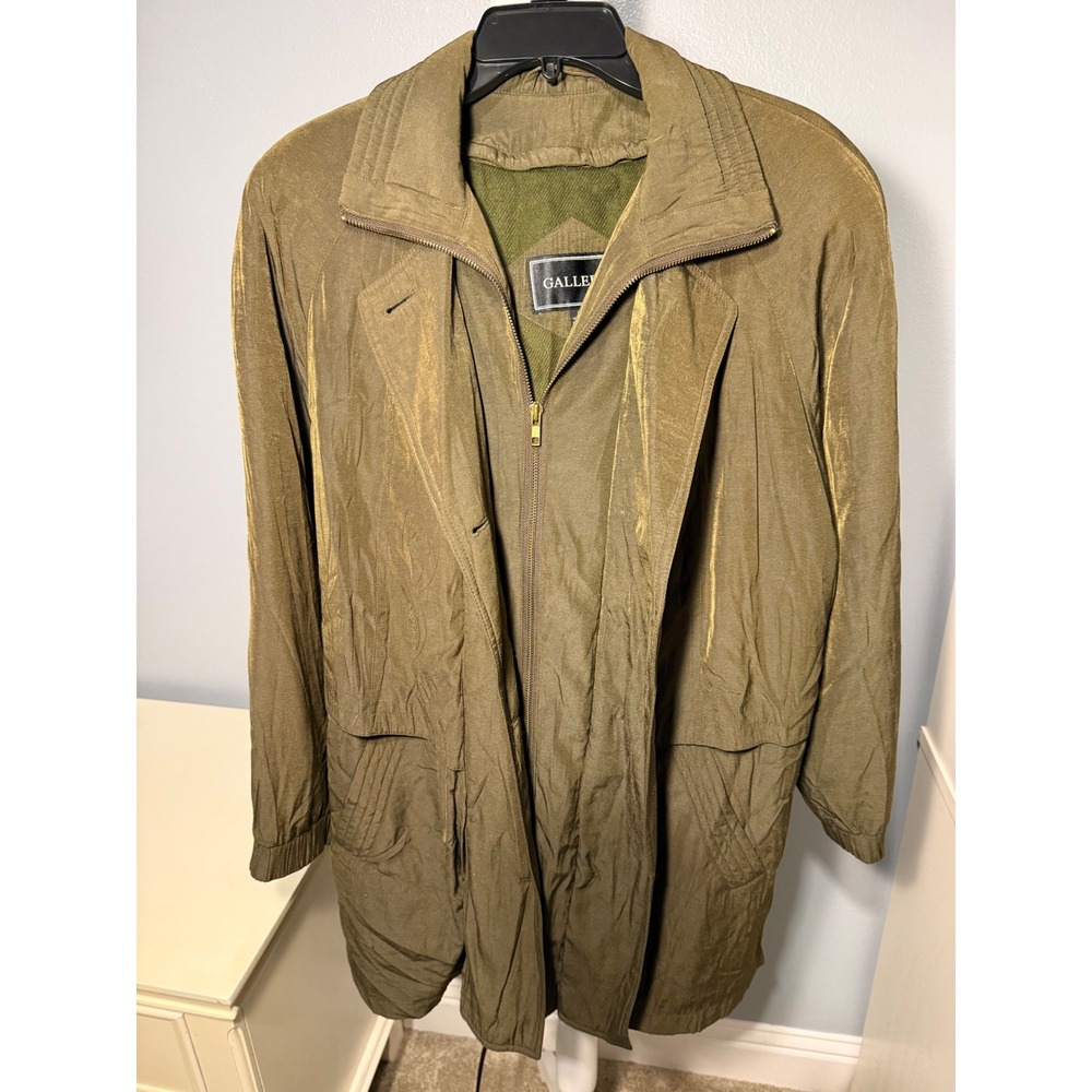 Gallery Vintage Olive Green Iridescent Trench Coat Jacket Womens Medium Zip Up - Picture 6 of 11